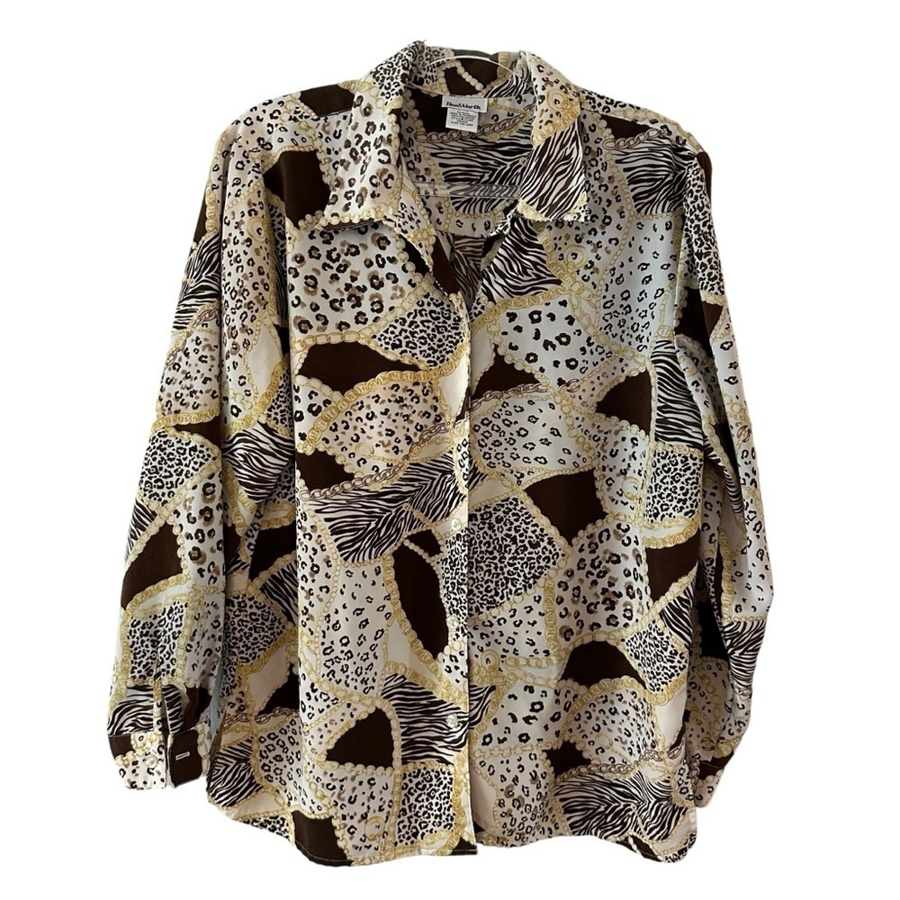 Vintage Bon Worth long sleeve button down unisex collar shirt animal, gold chain